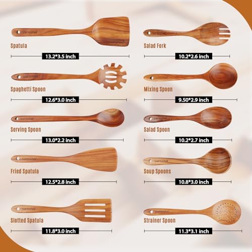 Mooues Wooden Spoons for Cooking, Wooden Utensils for Cooking Natural Teak Wooden Kitchen Utensils Set Comfort Grip (10 PCS SET) | Wooden Spoons for Cooking with Comfort Grip, Smooth Durable Heat Resistant Cooking Spoons and Cooking Utensils for Cooking -