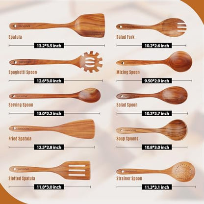 Mooues Wooden Spoons for Cooking, Wooden Utensils for Cooking Natural Teak Wooden Kitchen Utensils Set Comfort Grip (10 PCS SET) | Wooden Spoons for Cooking with Comfort Grip, Smooth Durable Heat Resistant Cooking Spoons and Cooking Utensils for Cooking -