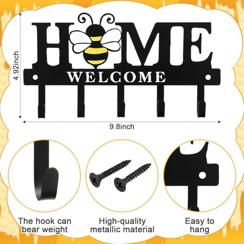 Key Holder Wall Mount Bee Metal Key Hooks Organizer Hanger Coat Rack with 5 Hooks Rustic Farmhouse Decorative Welcome Home Wall Decor for Entryway Bathroom Hallway Living Room 9.8 Inch - style: Bee