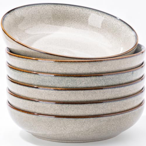AmorArc 8.5’’ Ceramic Pasta Bowls Set of 6, 36oz Large Stoneware Bowls Set | Large Dinner Serving Bowls Set, Wide Bowl Plate for Pasta,Salad, Soup, Microwave Safe, Reactive Glaze-Green Wheat - color: Green Wheat, size: Set of 6