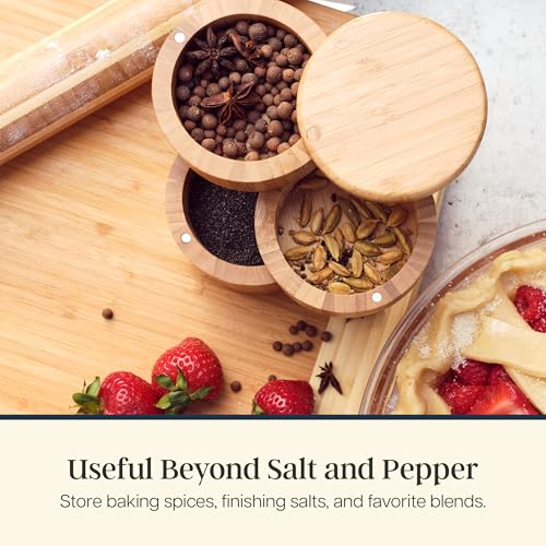 Totally Bamboo Triple Salt Cellar, 3-Tier Salt and Pepper Container | Bamboo seasoning box keeps salt, pepper, herbs, and spices easy to reach. Smooth swivel lids for quick access while cooking. - style: Three Tier Salt Box