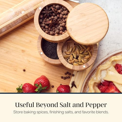 Totally Bamboo Triple Salt Cellar, 3-Tier Salt and Pepper Container | Bamboo seasoning box keeps salt, pepper, herbs, and spices easy to reach. Smooth swivel lids for quick access while cooking. - style: Three Tier Salt Box