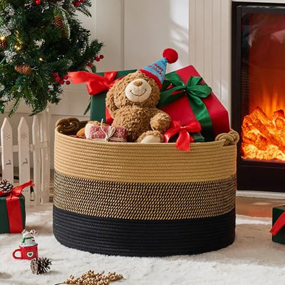 KAKAMAY Large Blanket Basket (20"x13"),Woven Rope Baskets for storage Baby Laundry Hamper, Cotton Rope Blanket Basket for Living Room, Laundry, Nursery, Pillows,Baby Toy chest (Jute/Black) - color: Black