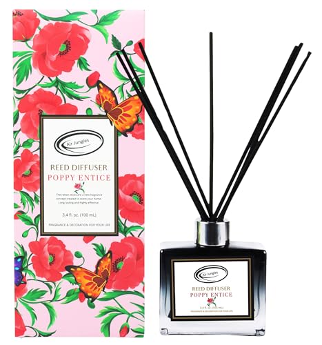 Air Jungles Poppy Entice Reed Diffuser Set with Sticks 3.4 Fl Oz | Essential Oil Air Freshener for Home, Office, Gym, Room Decor, Gift, and Everyday Fresh Scent - color: Poppy Entice, size: 100ml