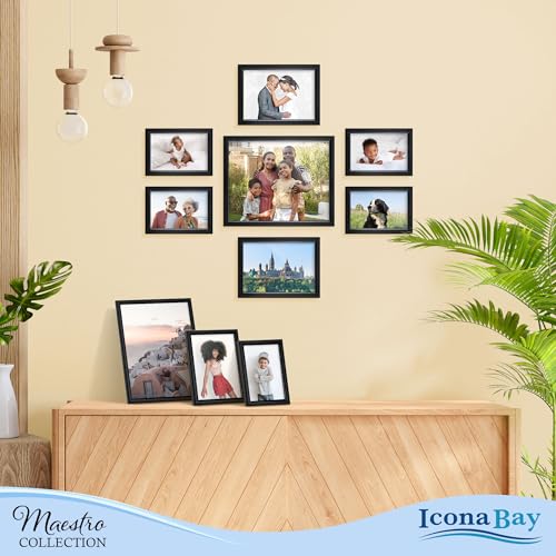 Combination Black Picture Frames Set - 10 PC (Five 4x6, Three 5x7, Two 8x10), Classy Contemporary Style, Maestro Collection for Wall Gallery | Icona Bay Mixed Photo Frames - Glass Cover Sheet - Classy Contemporary Style - Wall Gallery, Collage - Table Top