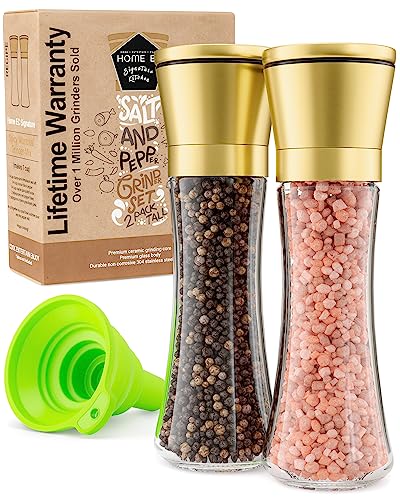 Home EC Original Gold Salt and Pepper Grinder Set of 2 - Adjustable Ceramic Grinder - Tall Glass Salt and Pepper Shakers With Funnel and Ebook - Kitchen Spice Mill - Gold Kitchen Accessories - color: Gold Top/Clear Glass, size: 2pk