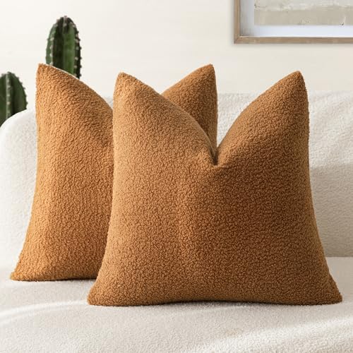 Foindtower Pack of 2, Curly Faux Fur Decorative Throw Pillow Covers Soft Fuzzy Plush Cushion Case with Zipper Cozy Pillowcase for Home Living Room Couch Bed Sofa 18 x 18 Inch, Bronze - color: Bronze, size: 18" x 18" (Pack of 2)