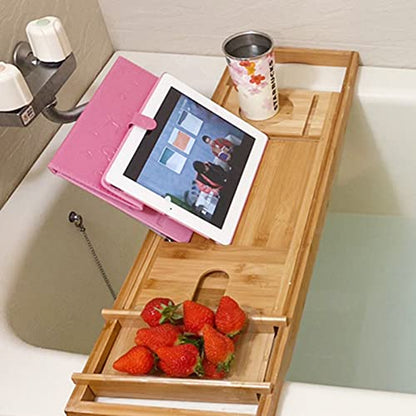 Homemaid Living Luxury Bamboo Bathtub Tray - Expandable Bathroom Tray with Reading Rack or Tablet Holder, Premium Bath Tray Includes a Wine Glass Holder, Cloth Book/Pad/Tablet Stand