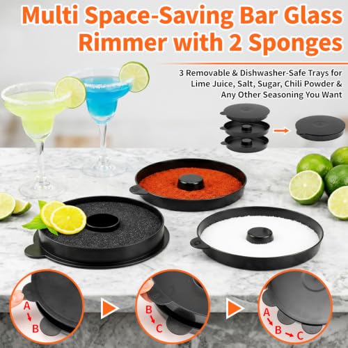 TonJin 3-Tier Margarita Salt Rimmer Set with 2 Sponges: Black Stackable Cocktail Glass Rimmer Holds Lime Juice Salt Sugar, Dishwasher Safe Bar Accessories for Bartenders and Home Bars - size: Stackable Salt Rimmer-Black