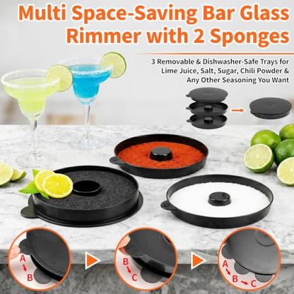 TonJin 3-Tier Margarita Salt Rimmer Set with 2 Sponges: Black Stackable Cocktail Glass Rimmer Holds Lime Juice Salt Sugar, Dishwasher Safe Bar Accessories for Bartenders and Home Bars - size: Stackable Salt Rimmer-Black