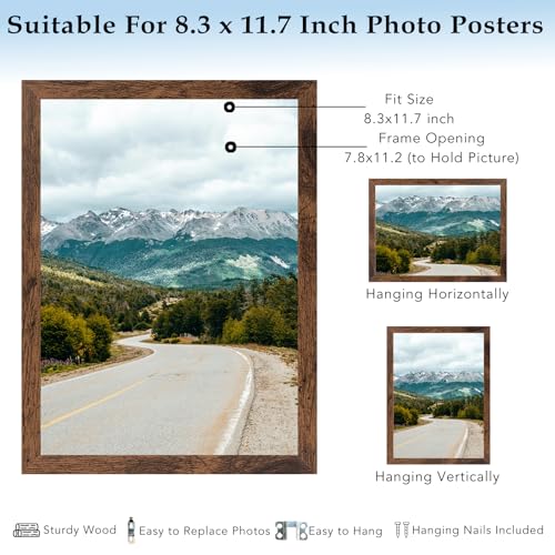 A4 Picture Frame 8.3x11.7 inch for Wall Hanging or Tabletop, Wood 8.3 x 11.7 Frame Photo Frame for Wall Horizontally or Vertically, Deep Brown, 3 Pack - size: 8.3x11.7 inch
