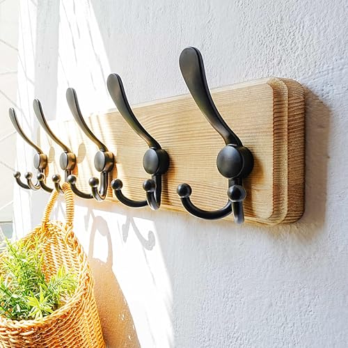 Coat Rack Wall Mount - Heavy-Duty Robust Rustic Wooden Wall Coat Hanger Hook Rail with 5 Triple Hooks for Winter Jacket & Hat Clothing, Light Brown & Black - color: Light Brown & Black, size: L=17.4"