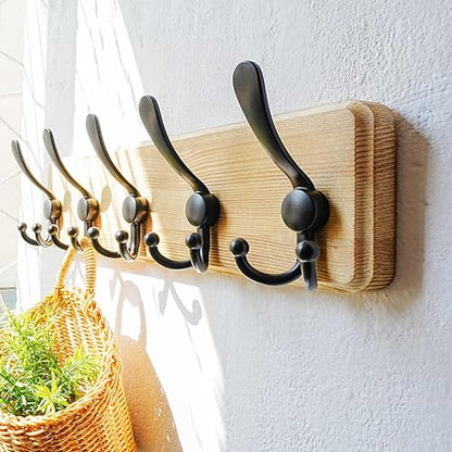 Coat Rack Wall Mount - Heavy-Duty Robust Rustic Wooden Wall Coat Hanger Hook Rail with 5 Triple Hooks for Winter Jacket & Hat Clothing, Light Brown & Black - color: Light Brown & Black, size: L=17.4"