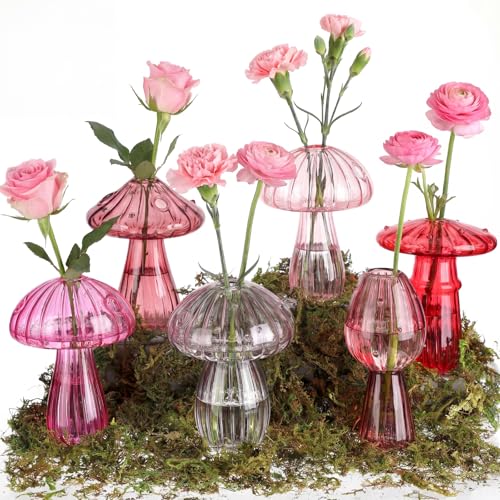 7 Pcs Glass Mushroom Vase Propagation Station with Hydroponic Plant and Artificial Fake Moss 6 Colored Plant Vase Table Centerpiece Decor for Forest Birthday Wedding Party Decoration (Pink) - color: Pink
