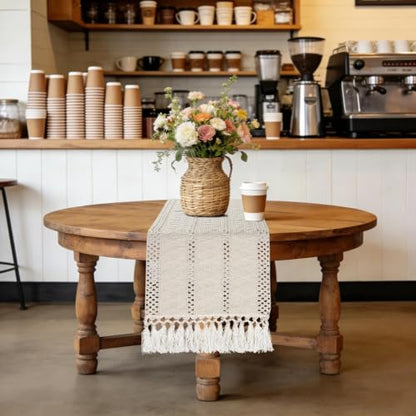 36" Boho Macrame Table Runner, Short Cream Coffee Runner, Nightstand - color: Beige, size: 36 inches