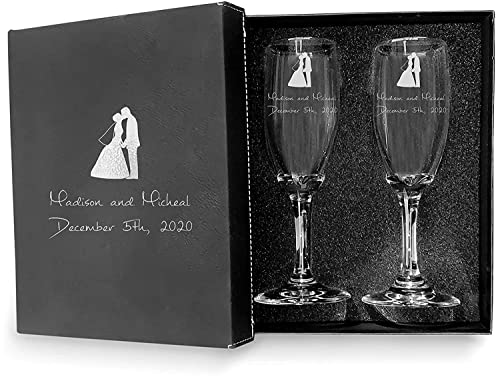 Set of 2 Personalized Wedding Champagne Glasses with Box - Engraved Mr and Mrs Design - Bride and Groom Flutes with Black Box - color: Wedding-08, style: Glasses + Gift Box