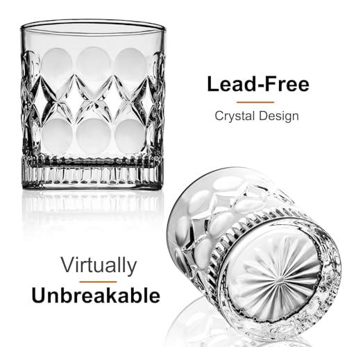 PARACITY Whiskey Glasses Set of 2, Old Fashioned Rocks Cocktail Glasses | Carved pattern and circular indents offer easy grip for ice balls, bourbon, Scotch, cocktails, bars, parties, or home use.