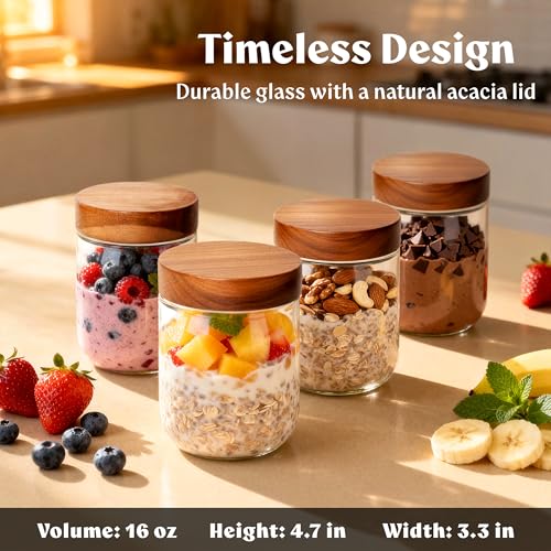 Overnight Oats Containers with Lids - Glass Mason Jars, Meal Prep | Acacia Wood, Airtight Silicone Seal Set of 4 - Stackable for Chia Pudding, Yogurt, Cereal, Oatmeal, Salad, Pantry Storage - color: 4 pack - Acacia no Spoon