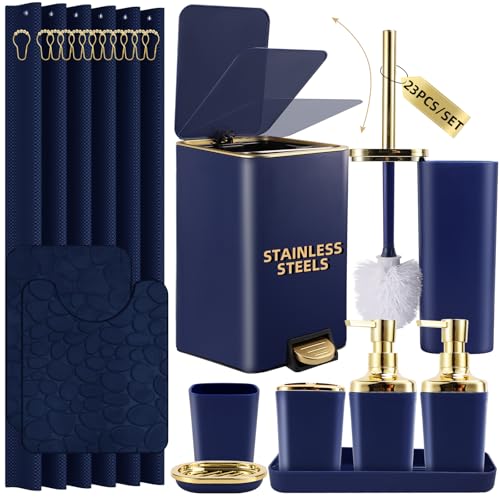 Bathroom Sets with Shower Curtain and Rugs Bathroom Accessories Set Navy Blue Bathroom Set,Soap Dispenser & Toilet Brush Holder Set with Stainless Steel Trash Can(23 PCS) - size: Navy Blue, style: Bath Set+Waffle Shower Curtain+Bath Rugs
