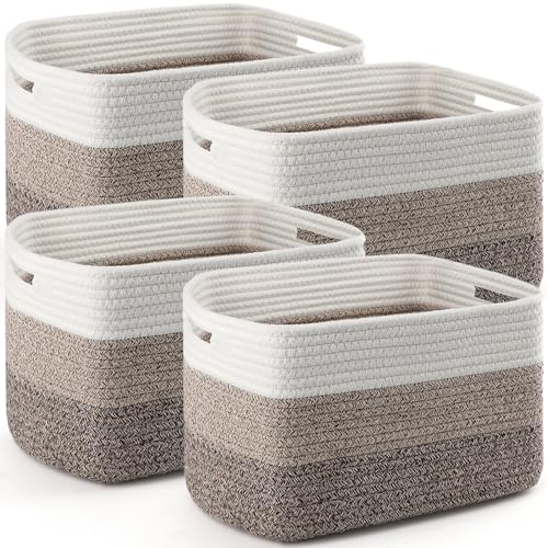 4 Pack Storage Baskets for Organizing, 11''Lx9''Wx8''H Woven Baskets for Storage Toys, Towels, Books, and Clothes, Cotton Rope Basket for Shelves with Handle - color: White & Khaki, size: Large