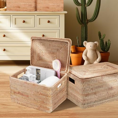 Rattan Basket with Lid, 15.75"×14.17"×11.81", Handwoven Storage | Handwoven from natural rattan | Durable & sturdy lid | Stackable design | Ages beautifully over time - size: 15.75"×14.17"×11.81"