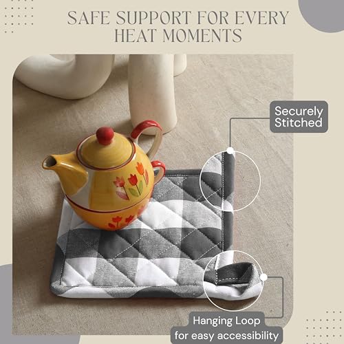Oven Mitt & Pot Holder Buffalo Plaid Check 100% Cotton Heat Resistant Oven Gloves (7"x13") & Hot Pads (8"x8") Combo for Baking, Cooking - Grey - color: Grey Buffalo Plaid