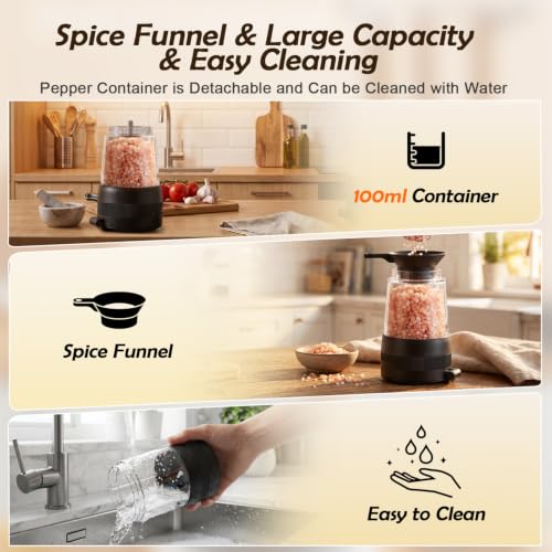 Flelano Electric Salt & Pepper Grinder Set, 2-Speed Setting, Stainless Steel Rechargeable Automatic Pepper Mill Shakers, Charging Base 100ml Capacity External Adjustable Coarseness LED Light,Black - color: Black