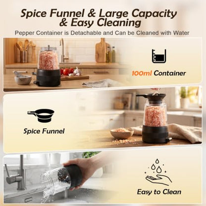 Flelano Electric Salt & Pepper Grinder Set, 2-Speed Setting, Stainless Steel Rechargeable Automatic Pepper Mill Shakers, Charging Base 100ml Capacity External Adjustable Coarseness LED Light,Black - color: Black