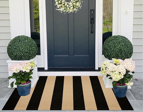 Striped Layering Rug 27.5"x43",Black and Tan Farmhouse Front Porch Mat | Machine Washable Hand Woven Cotton Layered Doormat for Porch Decor, Home Entrance - color: Black Tan, size: 2'4" x 3'7" (Rectangular)