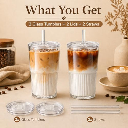 Haundry Ribbed Glass Cups with Lids and Straws (2 Pack), 16oz Iced Coffee Glass Tumbler, Leak Proof Coffee Cup To Go, Reusable Drinking Glasses for Iced Coffee, Smoothie, Juice - color: 16oz-2pcs