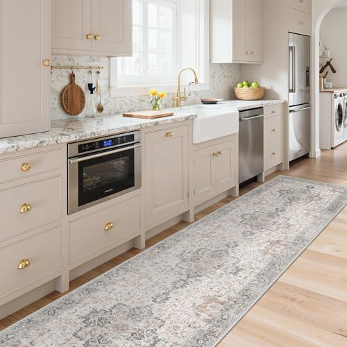 GENIMO 2'6"x12' Washable Runner Rug Non Slip for Hallway, Taupe | Vintage Floral Kitchen Runner, Stain Resistant, Low Pile and Lightweight for Entryway, Bedroom, Bathroom and Laundry Room - color: Taupe, size: 2'6" x 12' (Runner)