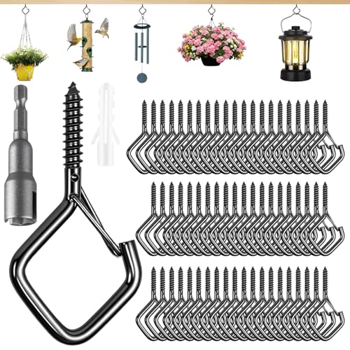 62 PCS Metal Black Eye Screw Hooks for Hanging Heavy Duty.Windproof Ceiling Hooks for Hanging Plants,Cup,Wind Chime,Bird Feeders,Christmas String Lights at Indoor&Outdoor 2.2 Inch - color: Black, size: 62Pcs