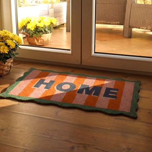Scalloped Coir Welcome Doormat, 16 x 28 Inch Entrance Mat,Stripe,Classic | Cute Door Mat Decorative Non Slip, Heavy Duty Natural Coir Rug for Front Door, Porch, Patio, Garage