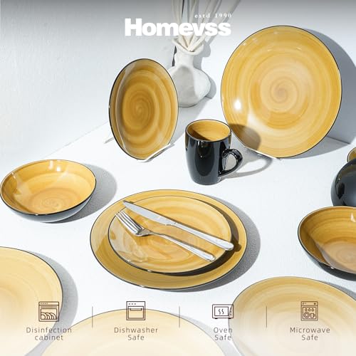 HomeVss Sonoma 16 Piece Stoneware Dinner Set, Outside Black + Inside Handpainted Color Yellow with speckle - color: Yellow