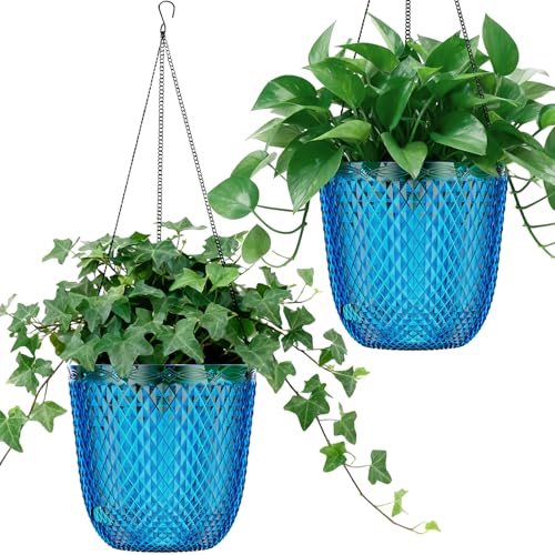 QCQHDU Hanging Planters for Indoor Plants, 2-Pack, 7.2 Inch, Klein Blue | Plastic, Self Watering Plant Hanger, with Drainage Holes, 3 Hooks Chains, For Garden Home - color: Klein Blue, size: 7.2in