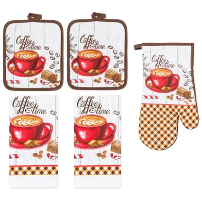 5 Piece Coffee Time Printed Kitchen Linen Set, 2 Cotton Towels, 2 Potholders, 1 Oven Mitt with Hanging Loop, 100% Cotton Material on Front & Polyester Backing, Perfect Kitchen Accessory - color: Coffee Time