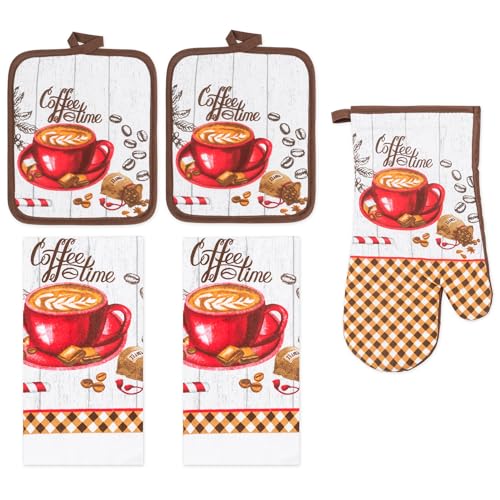 5 Piece Coffee Time Printed Kitchen Linen Set, 2 Cotton Towels, 2 Potholders, 1 Oven Mitt with Hanging Loop, 100% Cotton Material on Front & Polyester Backing, Perfect Kitchen Accessory - color: Coffee Time