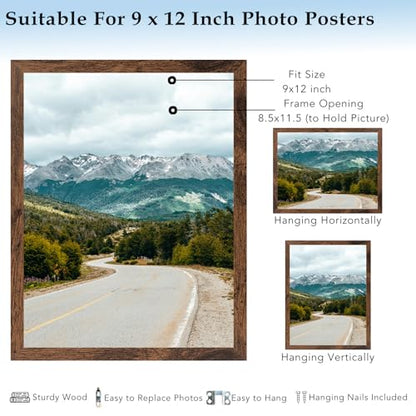 9x12 Picture Frame Deep Brown for Wall Hanging or Tabletop, Wood 9 x 12 Frame Photo Frame for Wall Horizontally or Vertically, Deep Brown, 3 Pack - size: 9x12 inch