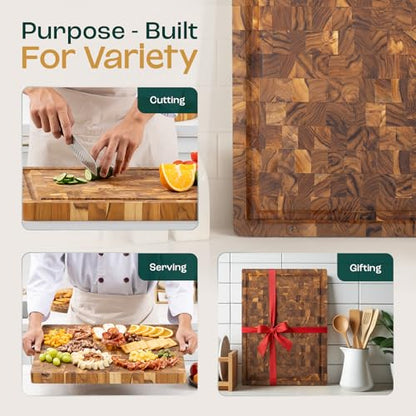 Yes4All Durable Teak Cutting Boards for Kitchen, [24''Lx18''Wx1.5” Thick] Extra Large End Grain Cutting Board, Pre Oiled Wood Cutting Boards, Thick Chopping Board w/Juice Grooves and Easy Grip Handle - size: 24"L x 18"W, style: Teak