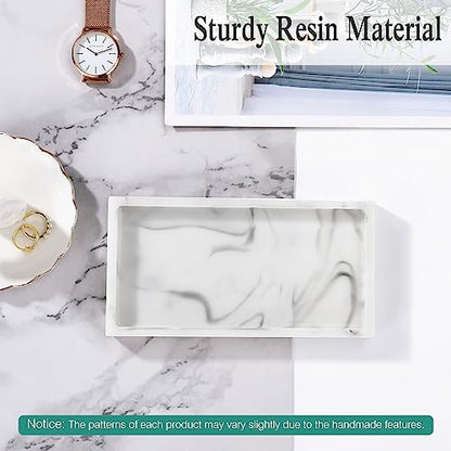 Emibele Bathroom Vanity Tray Countertop, 8" Rectangular Marble Resin Tray | Dresser Kitchen Sink Tray, for Jewelry Cosmetic Perfume Soap Candle, Compact Lightweight Waterproof, Mini Size, Marble White - color: Ink White, size: 7.7" x 3.9" x 0.8"