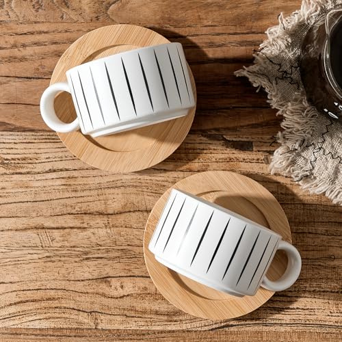 LUKA 6 Ounce Porcelain Stackable Espresso Cups with Saucers and Metal Stand Set of 4, Ceramic Cappuccino Cups Set for Specialty Coffee Drinks, Latte, Cafe Mocha and Tea, Stripes, White - color: Stripes