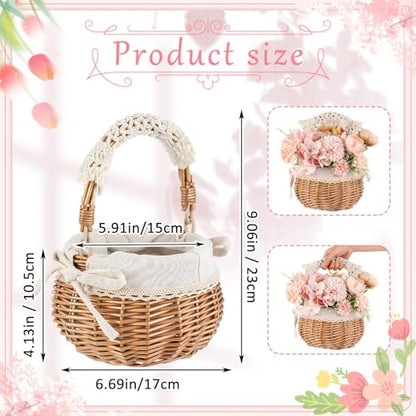 Weysat 2 Pcs Small Flower Girl Basket with Handle, Fabric Liner, Wicker Rattan Flower Basket Set, Rustic, Cute, Hand Woven for Wedding Girl Home Decorations Picnic Garden Candy Sweets Gifts Storage - style: Fabric Liner