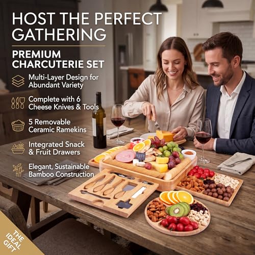 Charcuterie Boards Gift Set, Cheese Board Knife Set, Entertaining Party Food Displays, Entertaining Gifts, Up to 24 × 24, Servies Tray Worry-Free for Parties, Housewarming, Wedding Gift