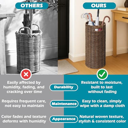 Rattan Umbrella Holder 21"H X 10"D, Handmade Wicker Umbrella Stand Indoor with Dip Tray, Sturdy Umbrella Holders for Entryway, Umbrella Bucket Fits Mudroom,Walking Canes,Home,Office (Brown) - color: Brown