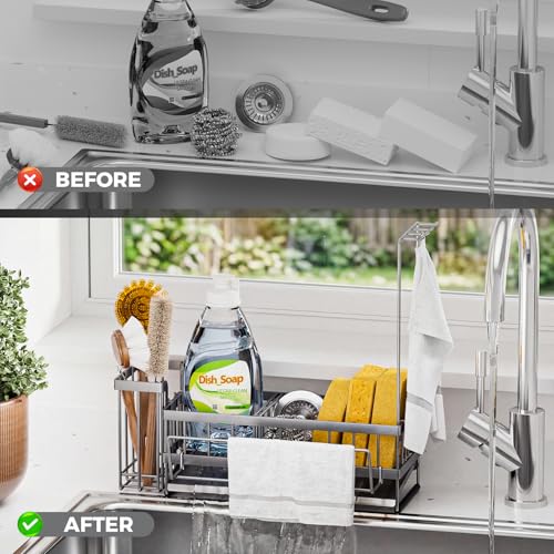 Kitchen Sink Organizer, Stainless Steel Sponge Holder, Silver | Rust-Resistant Steel, Detachable Draining Board, Compartment Divider, Brush Holder & Towel Bar, Ideal for Kitchen Storage - color: Silver