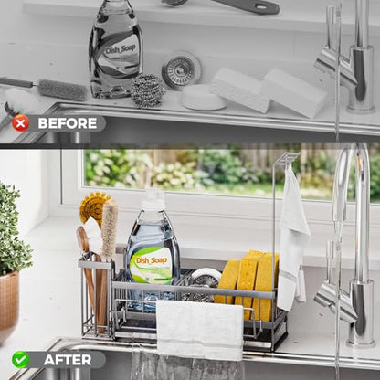 Kitchen Sink Organizer, Stainless Steel Sponge Holder, Silver | Rust-Resistant Steel, Detachable Draining Board, Compartment Divider, Brush Holder & Towel Bar, Ideal for Kitchen Storage - color: Silver