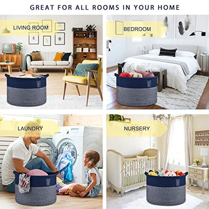 COMSE XXXLarge Woven Blanket & Laundry Basket, 87L, Navy Blue | 21.7" x 13.8", Cotton Rope, Nursery Hamper for Storage of Toys Clothes Towels, Ideal for Living Room Bedroom Bathroom - color: Navy Blue