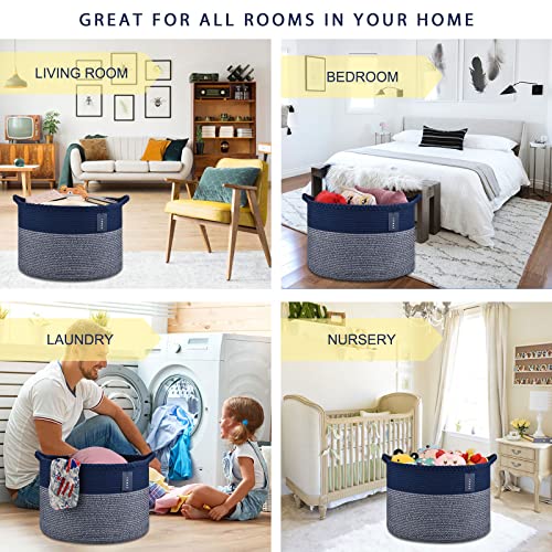 COMSE XXXLarge Woven Blanket & Laundry Basket, 87L, Navy Blue | 21.7" x 13.8", Cotton Rope, Nursery Hamper for Storage of Toys Clothes Towels, Ideal for Living Room Bedroom Bathroom - color: Navy Blue