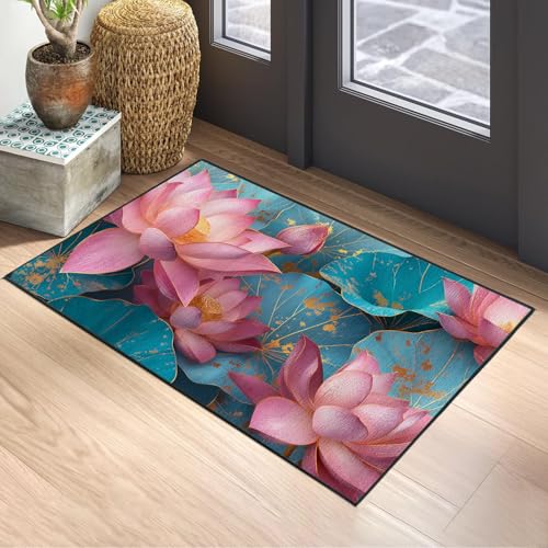 Spring Lotus Area Rug 2x3 ft Entry Rug Washable Boho Rugs Non Slip Low Pile Floral Door Mat Small Carpet for Bedroom, Bedside, Kids Room, Office, Dining Room - color: Lotus Leaf, size: 2' x 3' (Rectangular)