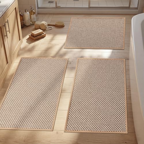 Thin Bath Mat Khaki Bathroom Rugs Sets 3 Pieces, Non Slip Absorbent Bath Mats Quick Dry, Woven Braided Rugs Washable,Tapetes para Baño for Bathroom,Bathtub(17"x24"+17"x32"+17"x32") - color: Khaki, size: 3Pieces(17"x24"+17"x32"+17"x32")